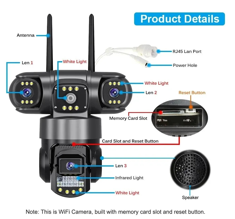 6 Mega Pixel Tripple Lens Moving Camera Full HD Night Vision Camera